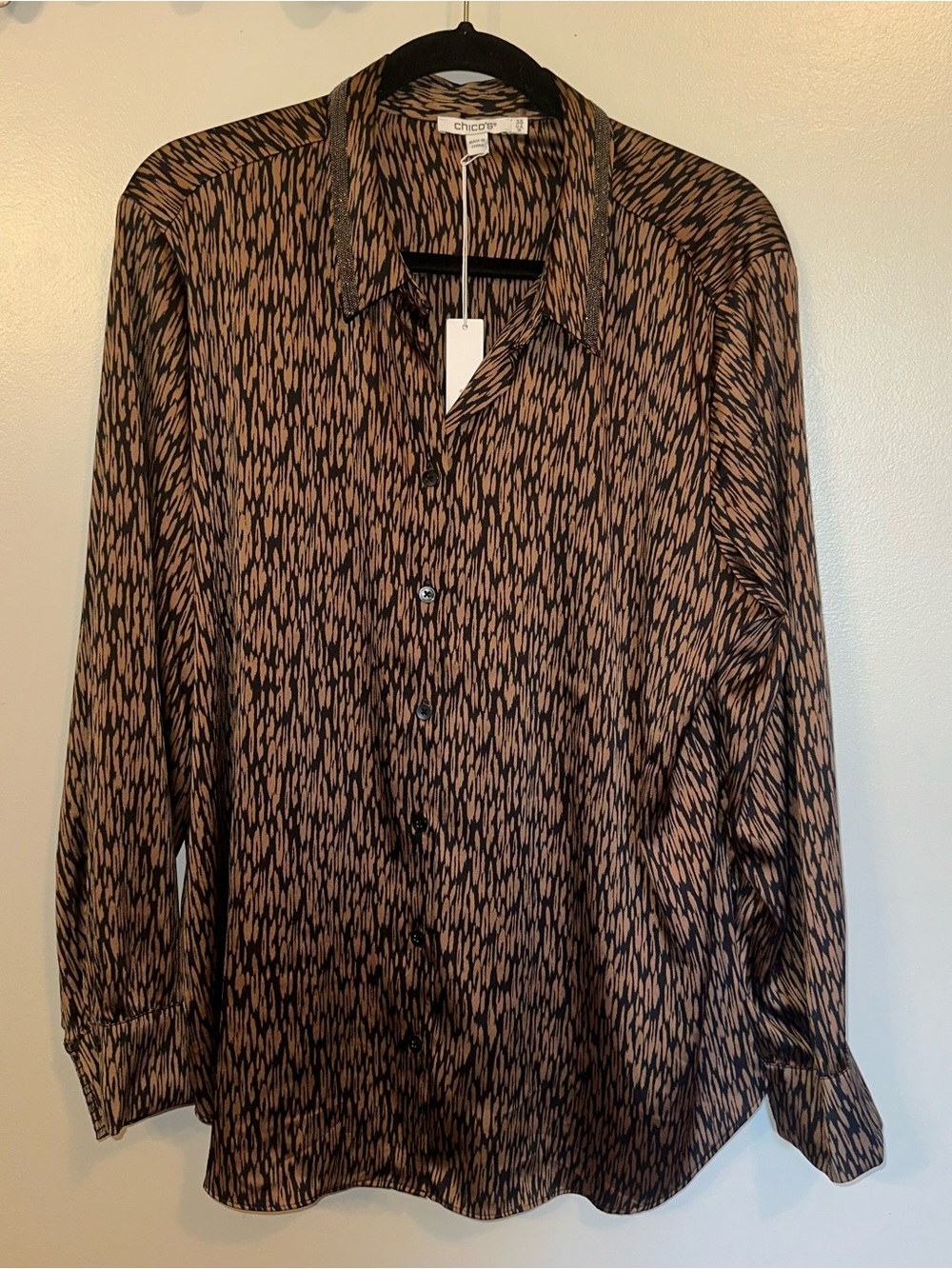 Chico's Women’s Brown Leopard Printed Button-Up Shirt with Beaded Collar